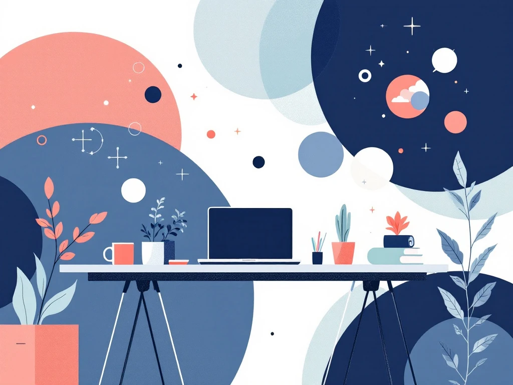 Moderne illustratie van diverse co-working elementen: laptop, koffiekop en samenwerkingssymbolen in navy, koraal en groen