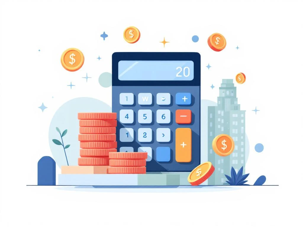 Moderne calculator met zwevende muntsymbolen rond kantoorgebouw silhouet, workspace elementen in navy, koraal en sage tinten