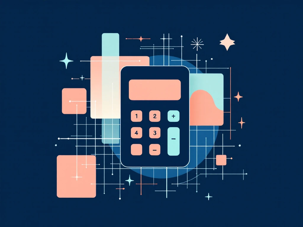 Moderne calculator in zachte marineblauw met geometrische patronen en meetpictogrammen in werkruimte-ontwerp
