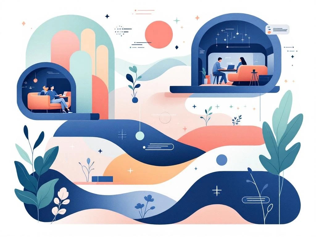 Moderne kantoorillustratie met zwevende werkruimte-elementen, bureaus en digitale connectiviteit in blauw, koraal en mint