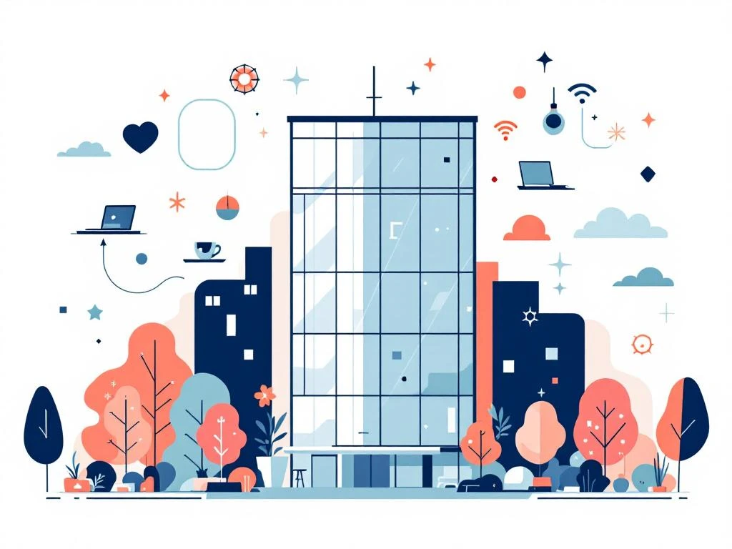 Modern glazen kantoorgebouw in Zuidas omringd door zwevende coworking iconen zoals laptops en wifi symbolen