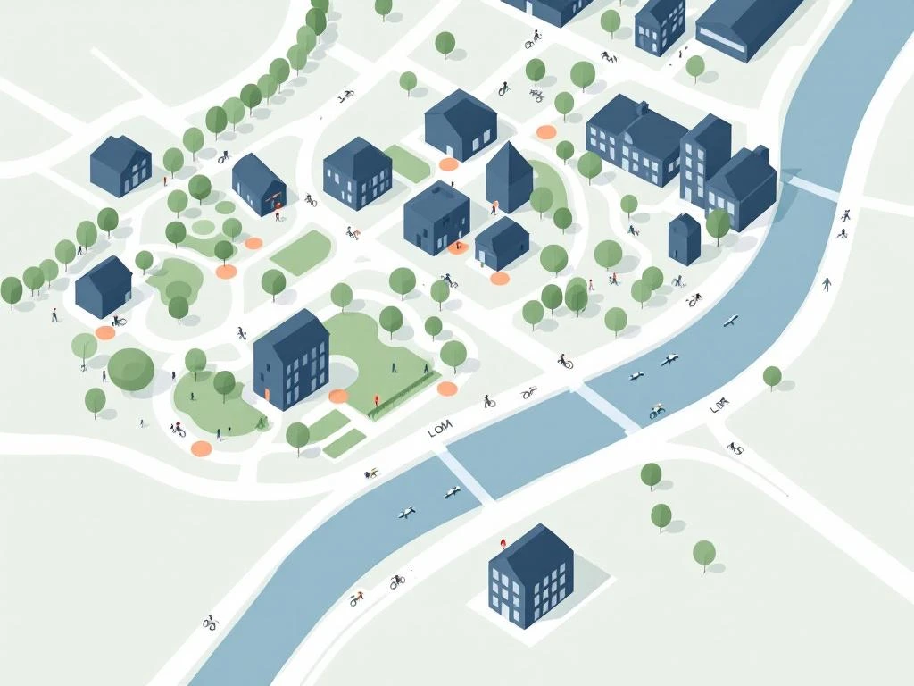 Luchtfoto illustratie van Amsterdam Bos en Lommer met geometrische vormen, parken, gebouwen en fietspaden in pastelkleuren