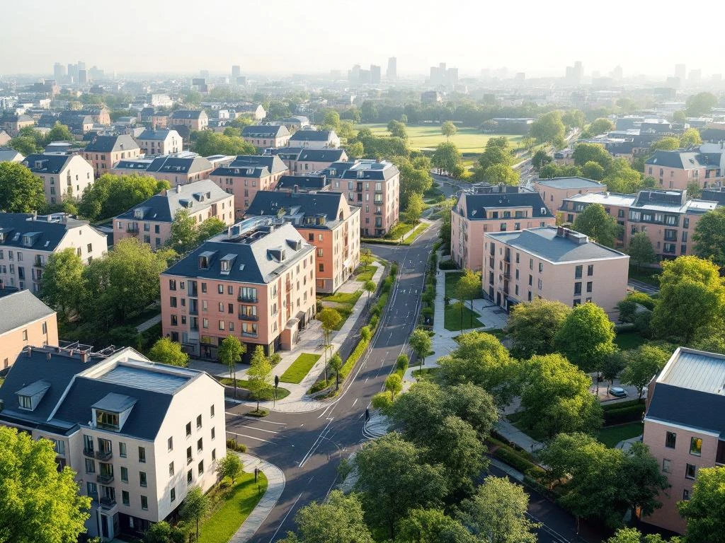 Luchtfoto van Amsterdam Bos en Lommer met moderne architectuur, groene parken en geometrische stratenpatronen