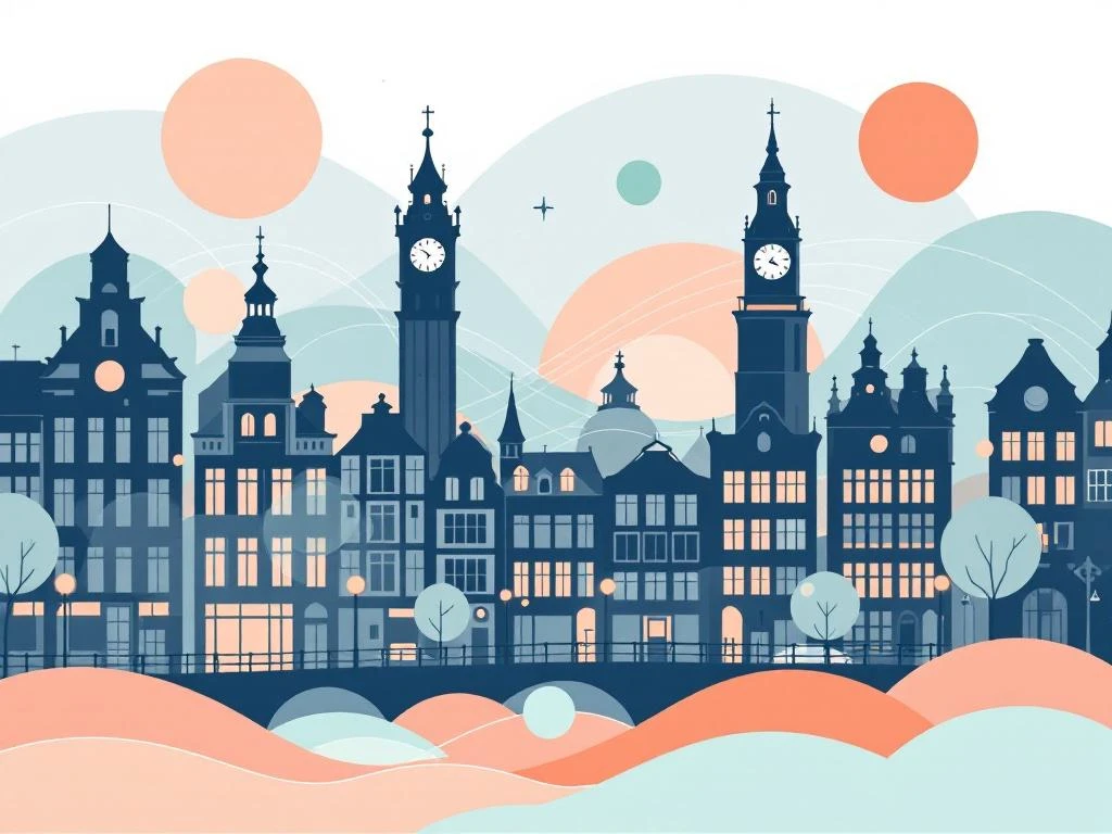 Amsterdam Centrum kanalen en klokkentoren met bewegingsstromen, kantooruren en werkplekiconen in moderne stijl