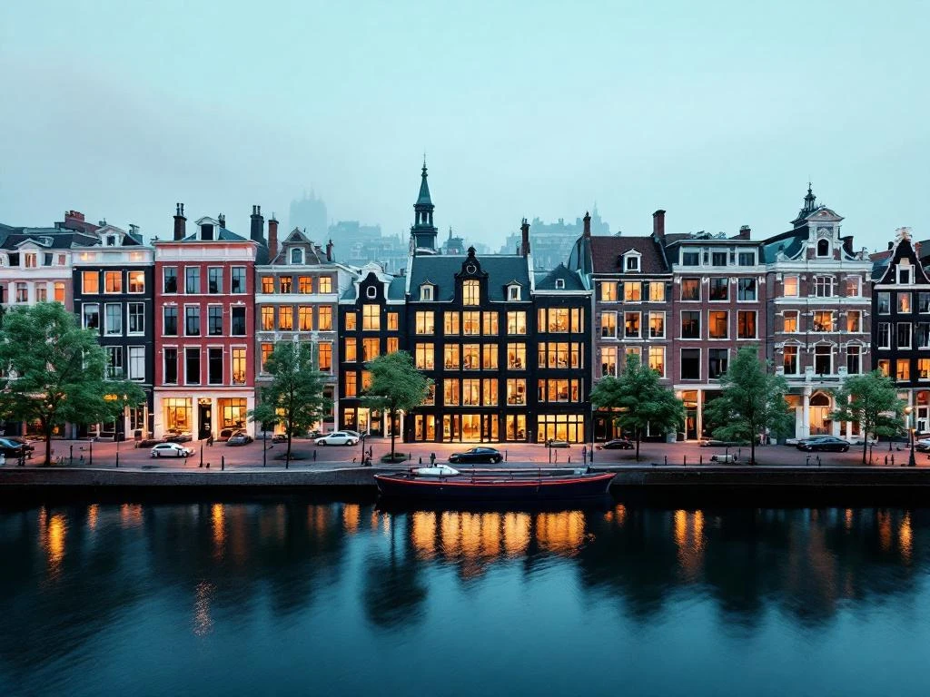 Luchtfoto van Amsterdamse gracht met historische panden en modern kantoorgebouw met verlichte ramen



200000
341
199659