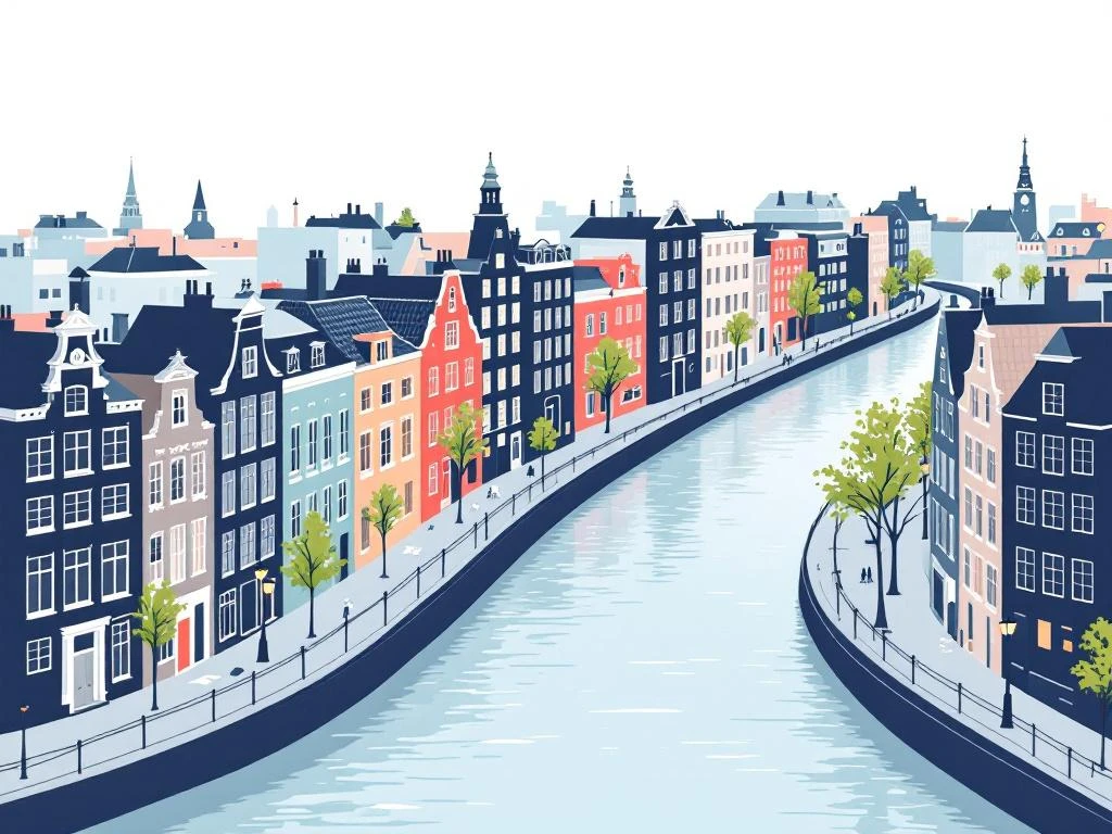 Bovenaanzicht van Amsterdamse grachtenpanden in minimalistische stijl met gebogen grachten en pastelkleuren