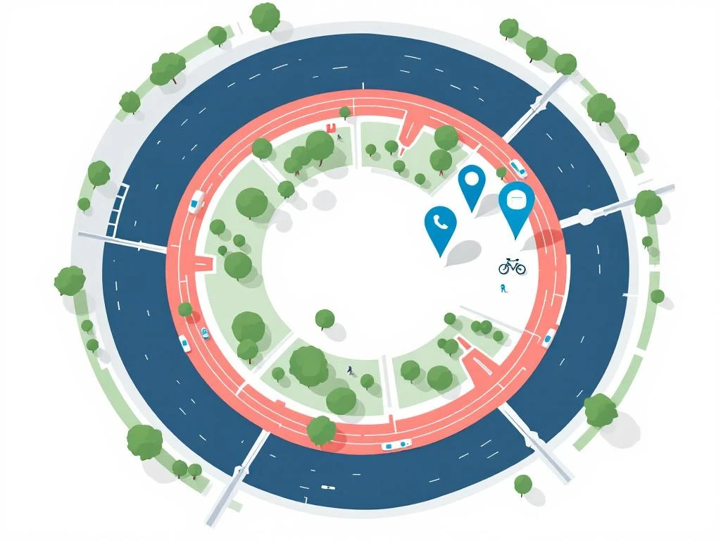 Bovenaanzicht van Amsterdams grachtengordel met waterwegen, fietspaden, parken en toegankelijkheidsroutes in pastelkleuren