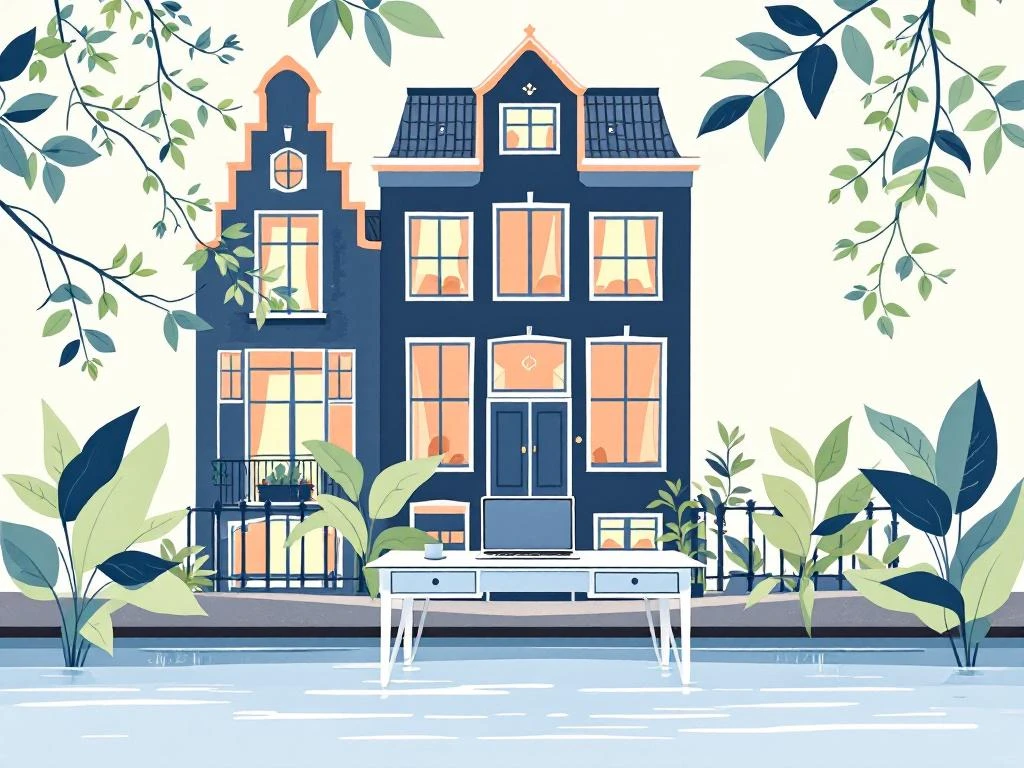 Minimalistisch Amsterdam grachtenpand in marineblauw met modern bureau en laptop boven rustig water