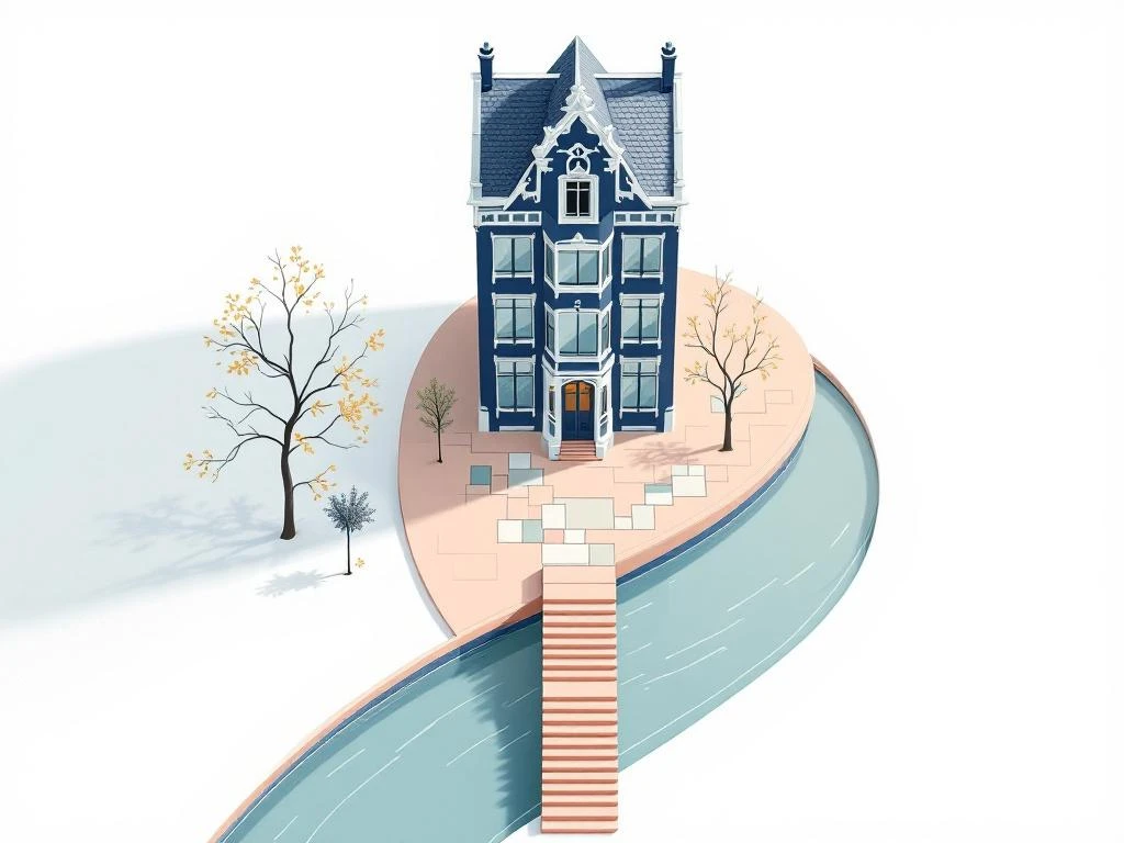 Bovenaanzicht van elegant Amsterdams grachtenpand in marineblauw met geometrische stapstenen naar kanaal