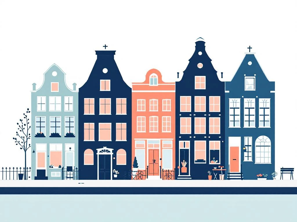 Amsterdamse grachtenpanden met trapgevels in minimalistisch design, navy en koraal tinten, mint groene gracht
