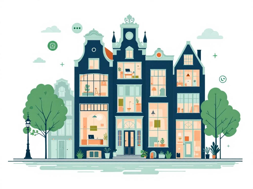 Amsterdamse grachtenpand in marineblauw met moderne kantoorruimtes, werkplekiconen en mintgroene accenten