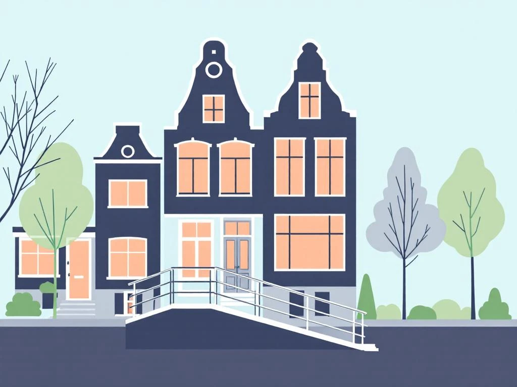 Amsterdams grachtenpand met rolstoeltoegankelijke oprit geïntegreerd in traditionele trapingang, minimalistische stijl