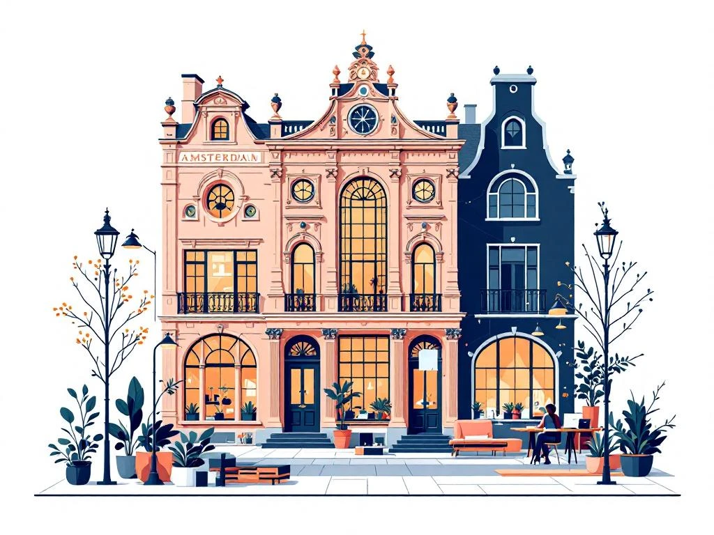 Amsterdams historisch gebouw in navy en perzik met moderne werkplekelementen, erfgoed ontmoet hedendaagse werkcultuur