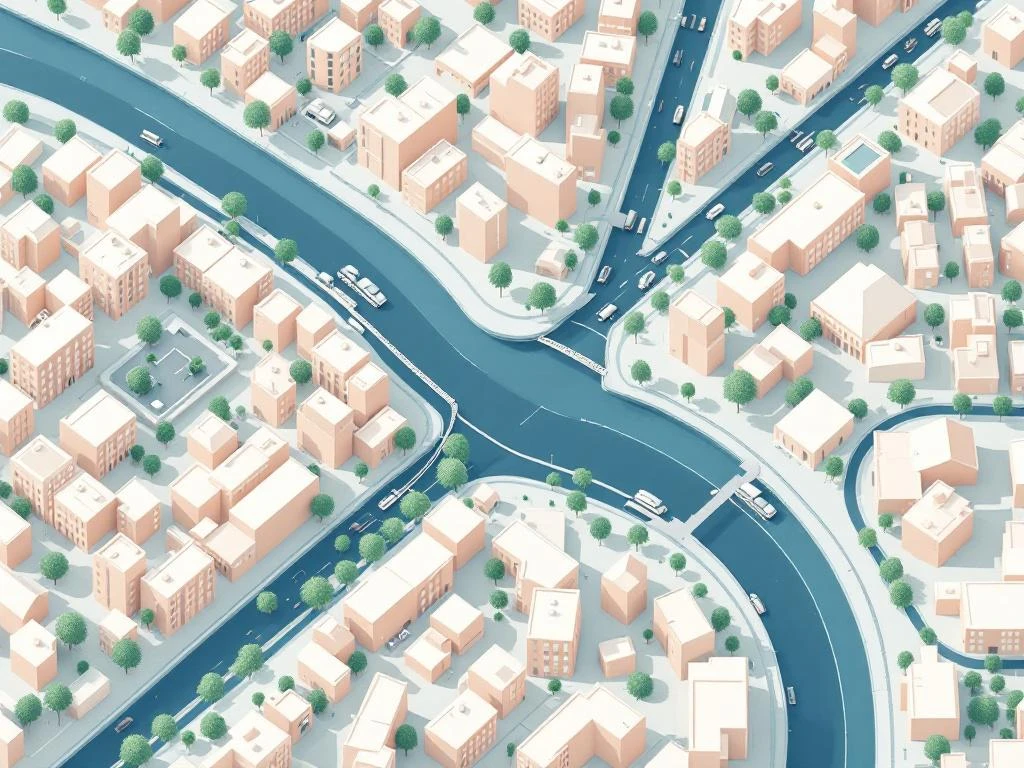 Luchtfoto van Amsterdam centrum met kanalen, kantoorwijken en boomrijke lanen in minimalistisch plat ontwerp