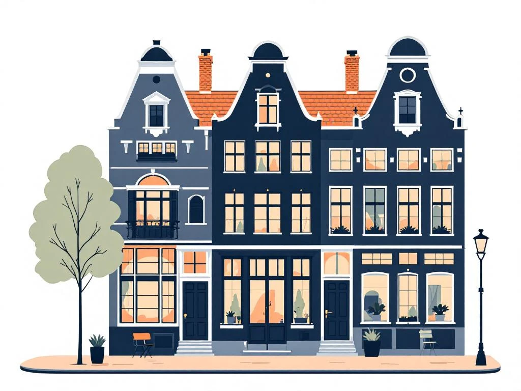 Amsterdams grachtenpand in navy en perzik met moderne kantoor elementen, illustratie voor kantoorhuur prijzen