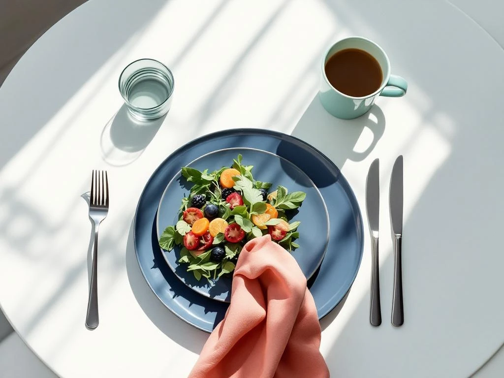 Elegant Amsterdam lunchopstelling van bovenaf met blauw bord, zalm servet, groene kop en blauw glas op wit.