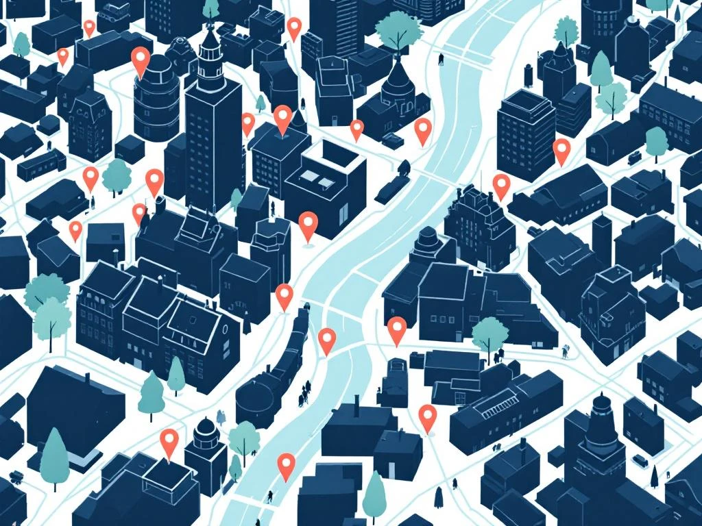 Minimalistisch kaartontwerp van Amsterdam Oost met geometrische gebouwen, kanalen en markering van ondernemerslocaties