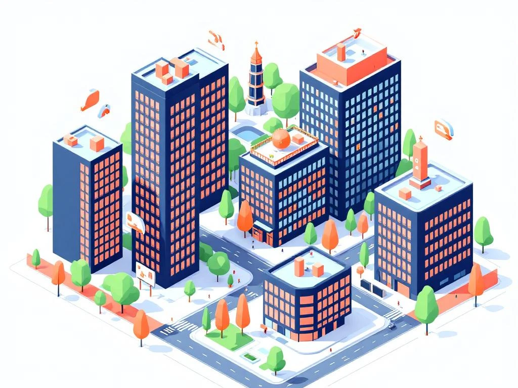 Isometrische illustratie van Amsterdam Oost met geometrische kantoorgebouwen, bedrijfssymbolen en groene parken