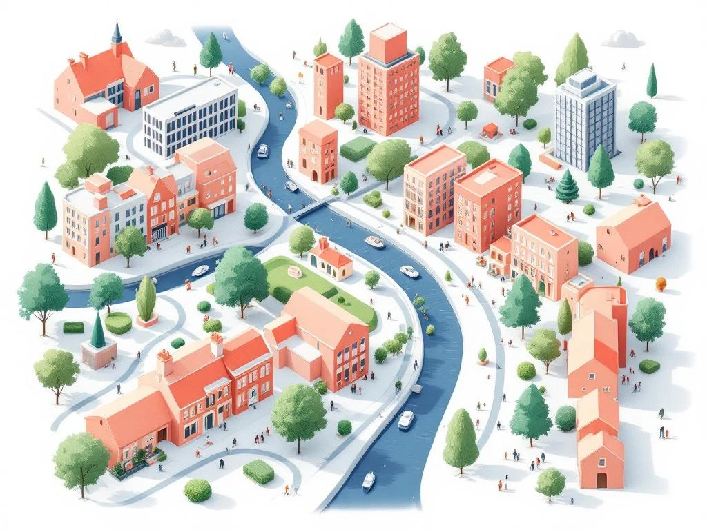 Luchtfoto illustratie van Amsterdam Oost met kleurrijke grachtenpanden, groene parken en moderne kantoorgebouwen