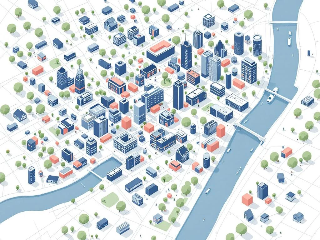 Minimalistische plattegrond van Amsterdam Oost met kanalen, pakhuizen en parken in navy, koraal en mint tinten
