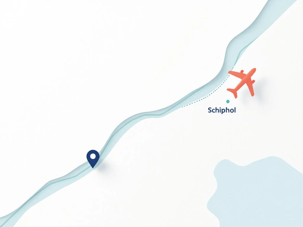 Gestileerde routekaart van Amsterdam West naar Schiphol met geometrische lijnen en vliegtuigicoon