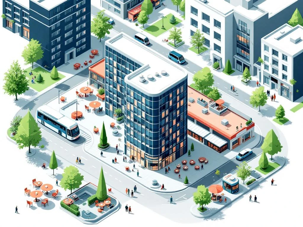 Vogelvluchtillustratie van Amsterdams kantoorgebouw omringd door voorzieningen zoals cafés, winkels en groen openbaar vervoer