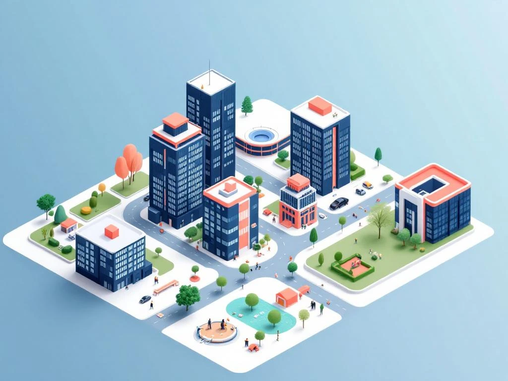 Isometrische illustratie van Amsterdam West met geometrische kantoorgebouwen, ontwikkelzones en groene ruimtes in blauw en koraal