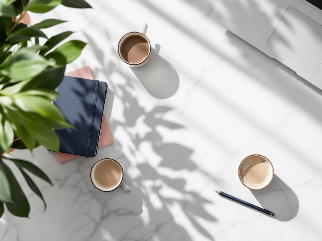 Bovenaanzicht van stijlvol café werkplek in Amsterdam West met laptop, koffie en planten op marmeren tafel
