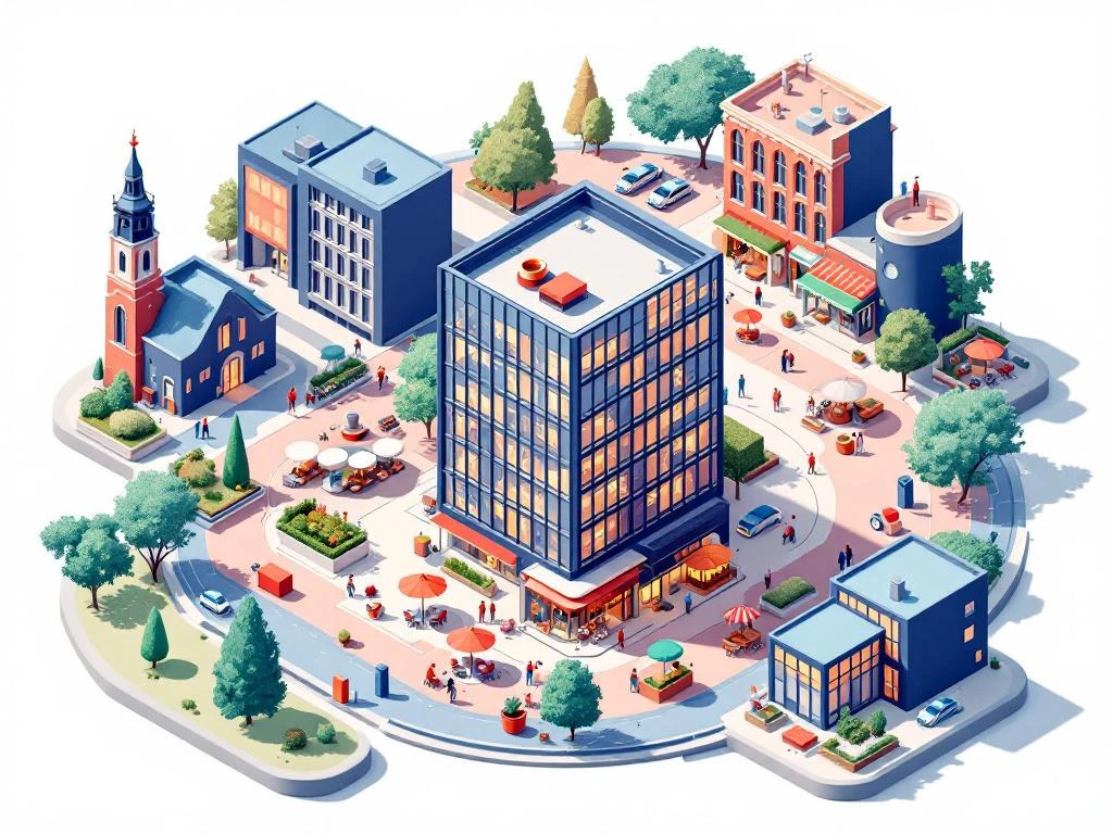 Isometrische illustratie van Amsterdam West werkruimte-ecosysteem met kantoren, cafés, parken en voorzieningen