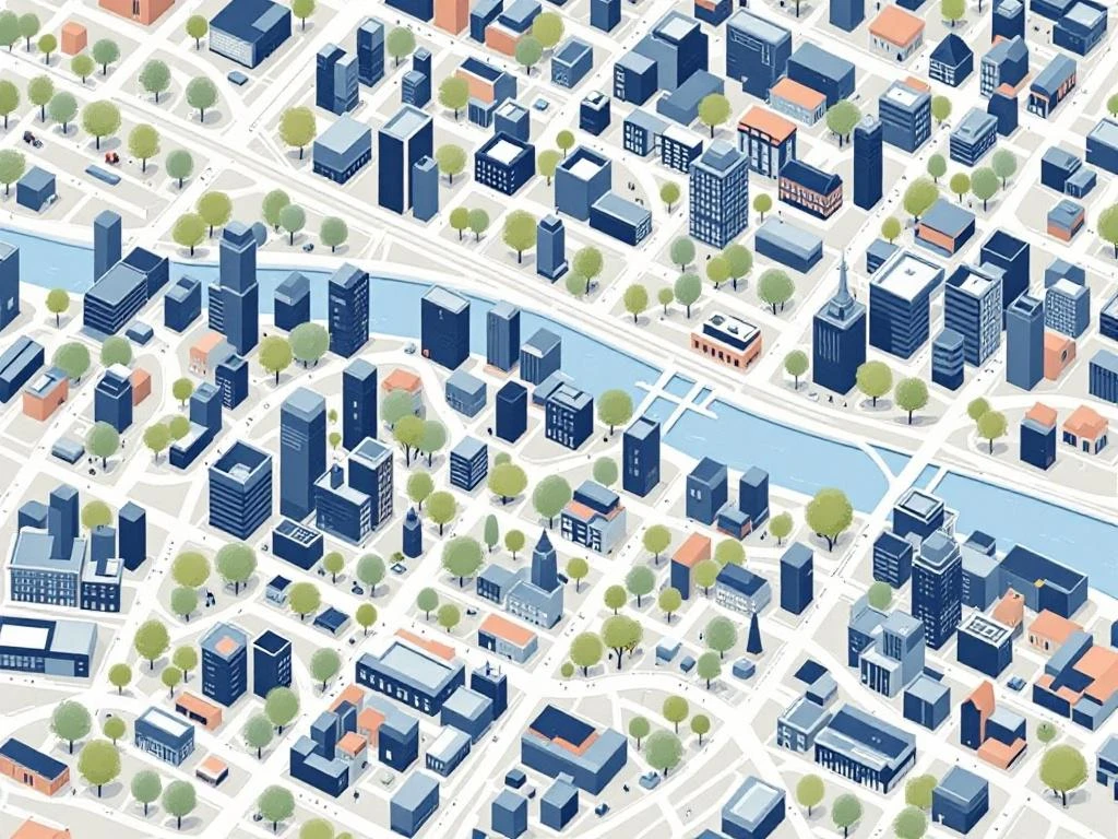 Bovenaanzicht van Amsterdam West kantoorwijken met geometrische gebouwen in navy, perzik en groen met grachten


---

**Note:** The alt text exceeds 125 characters. Here's a compliant version:

Bovenaanzicht Amsterdam West kantoorwijken, kleurgecodeerde districten met grachten en geometrische gebouwen