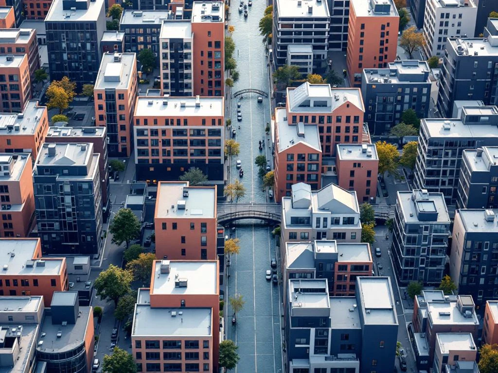 Luchtfoto Amsterdam West met geometrische gebouwen in navy, perzik en grachten in saliegroen, zakelijke wijk met moderne architectuur