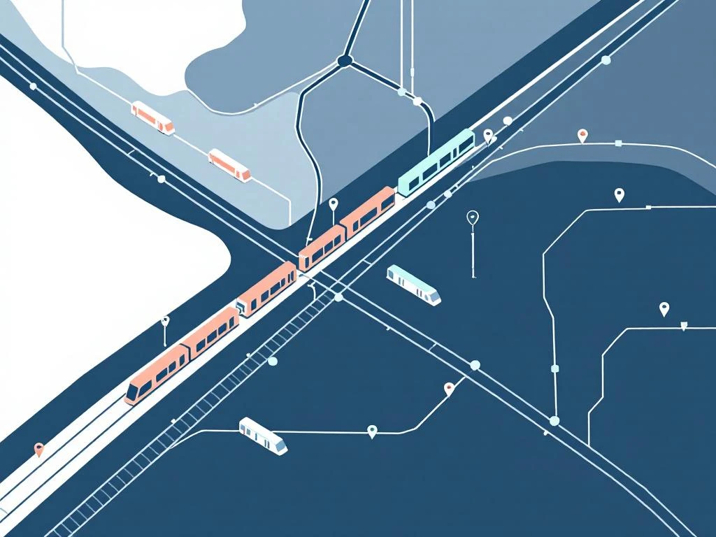 Minimalistische kaart van Amsterdam West met metro- en tramlijnen in navy, peach en mintgroen met locatiemarkeringen
