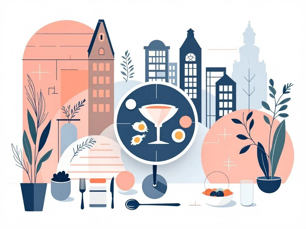 Moderne illustratie van restauranttafel met eten en Amsterdam West architectuur in navy, koraal en groen