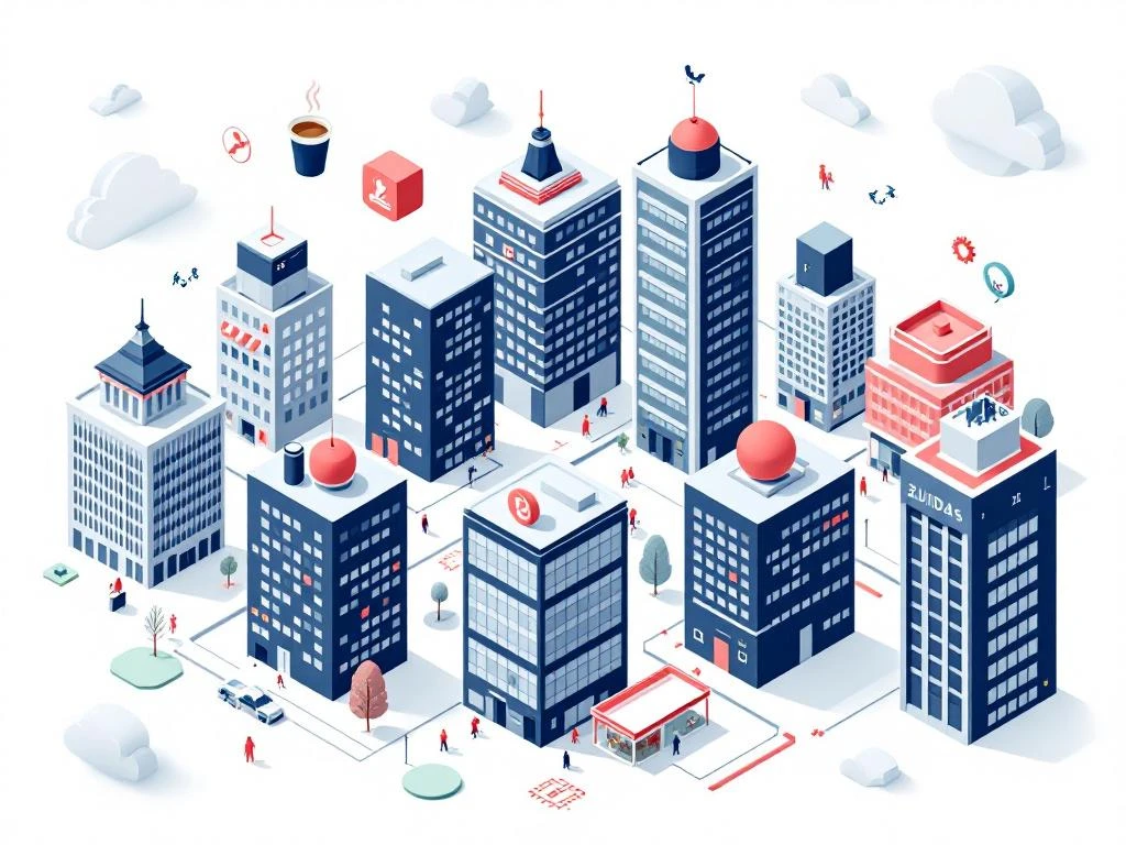 Isometrische illustratie van Amsterdam Zuidas met moderne kantoorgebouwen en voorzieningen iconen in navy, koraal en mint
