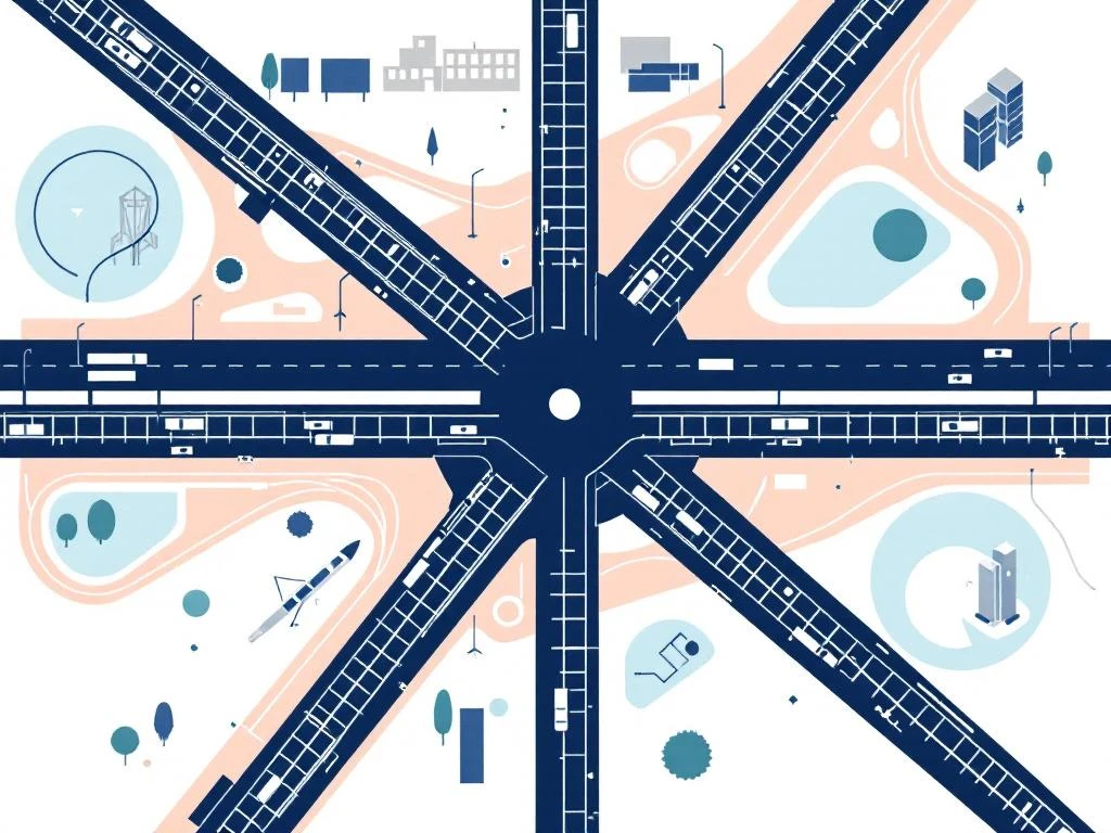 Vogelvluchtillustratie van Amsterdam Zuidas vervoersknooppunt met geometrische trein-, metro- en buslijnen in navy, peach en mint