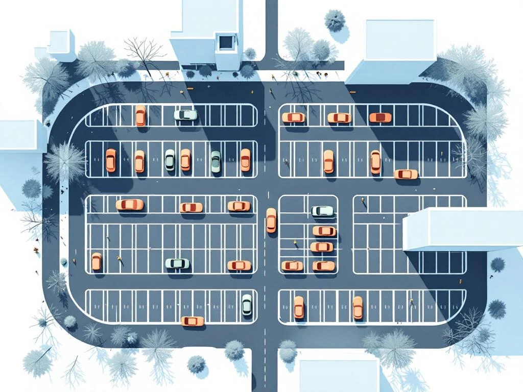 Luchtfoto parkeerterrein Amsterdam Zuidas met geometrische patronen in navy, perzik en groen tinten