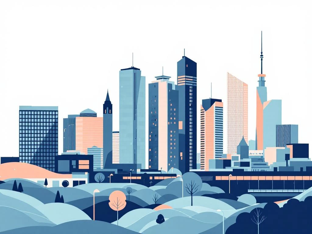 Minimalistische illustratie van Amsterdam Zuidas met geometrische kantoortorensilhouetten in blauw en groen tinten