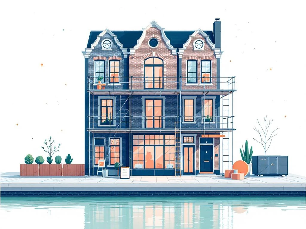 Amsterdams grachtenpand met moderne kantooruitstraling, inclusief inspectie-iconen en steigerdetails in isometrische stijl