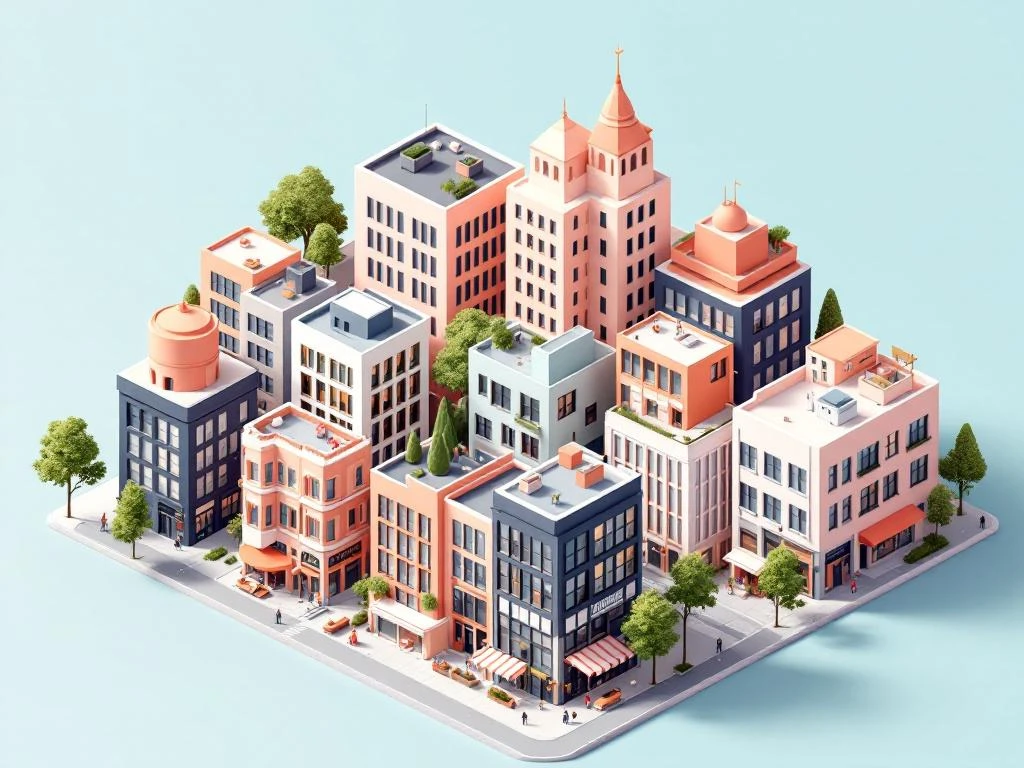 Isometrische illustratie van diverse bedrijfsgebouwen in Bos en Lommer, met kantoren, studios en winkels in navy, koraal en mint