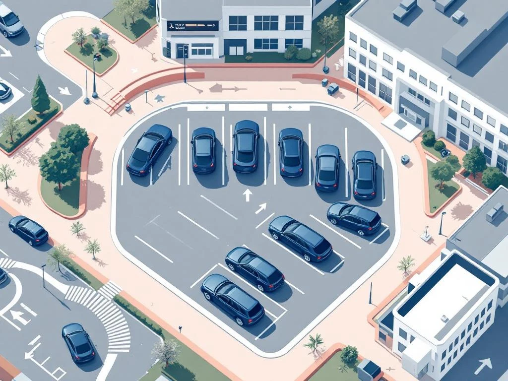 Moderne minimalistische illustratie van parkeerterrein bij zakelijk gebouw met geometrische auto's en navigatie-elementen