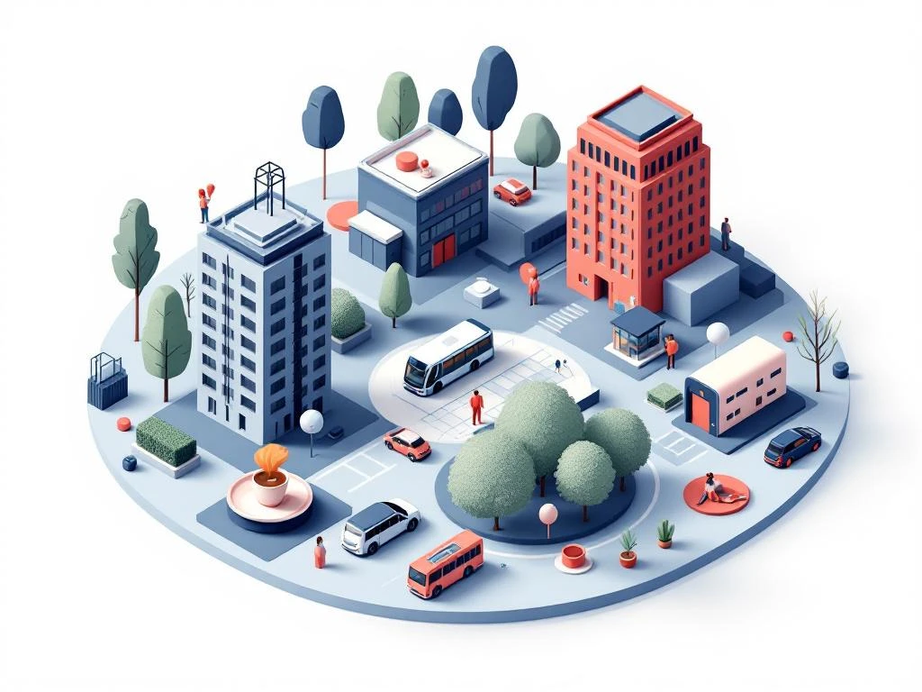 Isometrische illustratie van Bos en Lommer voorzieningen: kantoren, parken en transport in navy, koraal en groen
