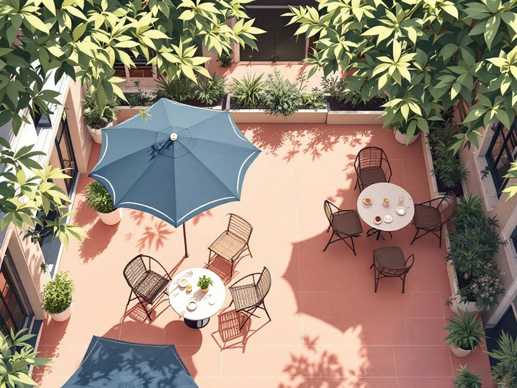 Bovenaanzicht van minimalistisch Europees terras met parasols, tafeltjes, koffiekopjes en plantjes in warme tinten