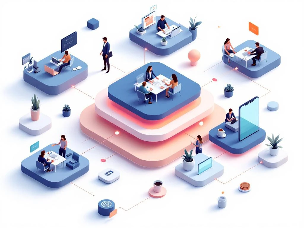 Isometrische illustratie van verbonden werkplekken met professionals die ideeën uitwisselen in een modern coworking kantoor