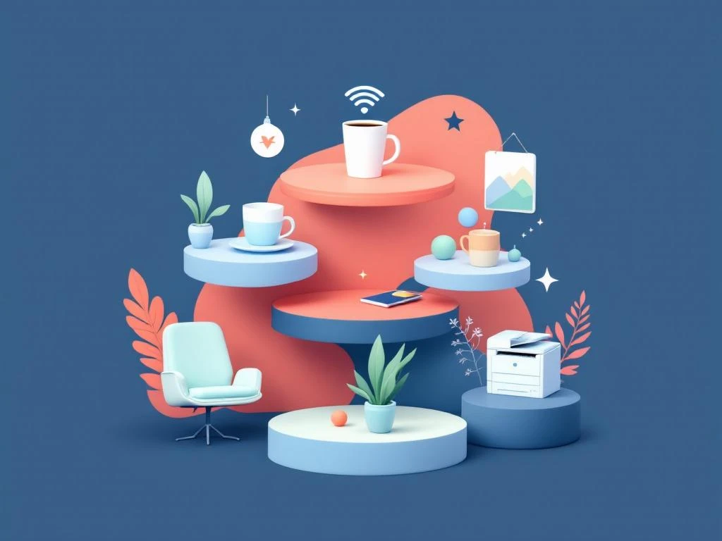 Moderne illustratie van coworking faciliteiten: koffie, wifi, ergonomische stoel, vergaderruimte en printer in navy en koraal


Note: This alt text is 124 characters and describes the key elements in Dutch as requested.