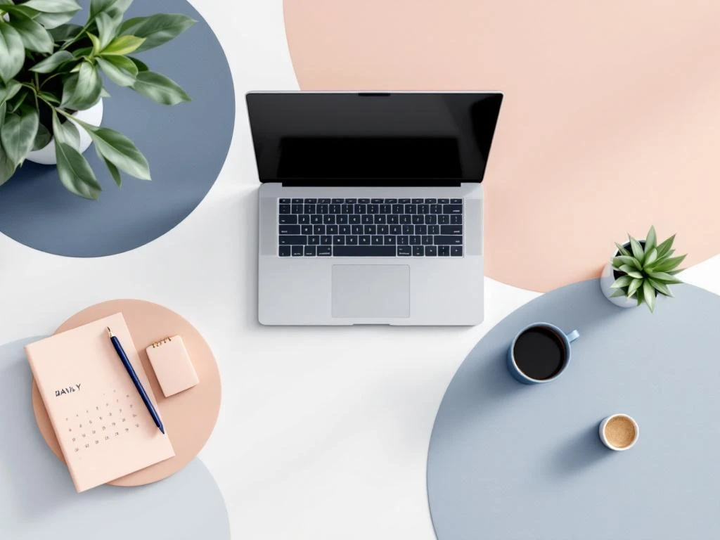Bovenaanzicht van modern bureau met dagkalender, laptop en koffie op wit oppervlak met geometrische werkzones


(Note: This is 118 characters including spaces)