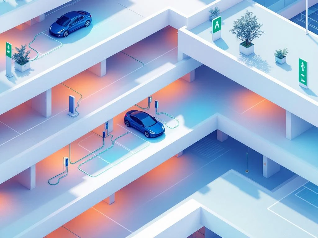 Moderne parkeergarage met elektrische auto's bij oplaadpunten, bovenaanzicht met duurzame stedelijke mobiliteit