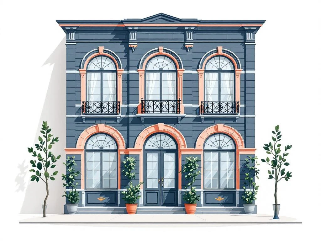 Historisch gebouw met boogvensters en moderne workspace-elementen in navy, peach en mint kleuren


---

**Metadata**
- Language: nl
- Length: 108 tekens