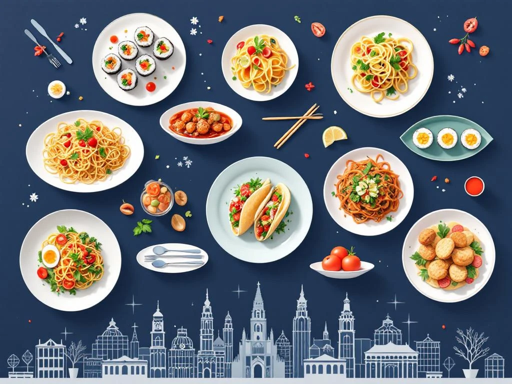 Minimalistische illustratie van internationale gerechten zoals sushi, pasta en tacos op marineblauw met Zuidas skyline


Note: Alt text is 122 characters