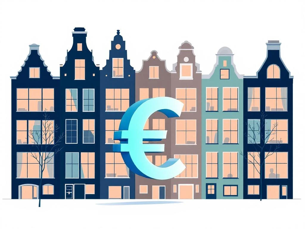 Geometrische Amsterdam grachtenhuisgevel met euro-symbool en kantoorruimtes in navy, perzik en groen tinten