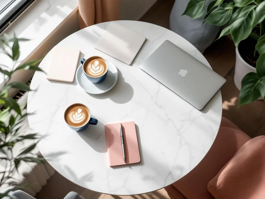 Bovenaanzicht van laptop en koffiekopjes op marmeren tafel in modern café met plant en natuurlijk licht